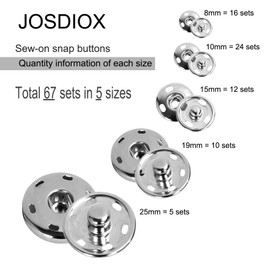 Sewing Snaps 67 Sets of Silver Copper Snap Button Sew-on Snap Metal Fasteners Press Studs Buttons for Sewing Clothing 5 Sizes: 8mm, 10mm, 15mm, 19mm, 25mm