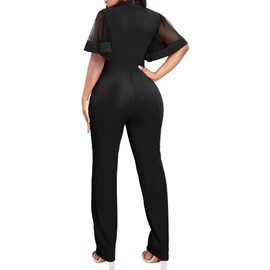 Yiershu Jumpsuit For Women Casual V Neck Sheer Ruffle Sleeve Jumpsuits Elegant Stand Collar Button Down Long Pants Rompers Straight Club Outfits With Pockets Belt