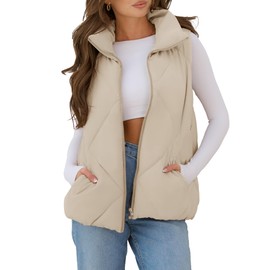 MEROKEETY Womens Puffer Vest Sleeveless Zip Up Quilted Coat Lightweight Stand Collar Gilet Jacket With Pockets Apricot Medium
