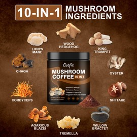Mushroom Coffee Powder, 10 Mushroom Blend Supplements with Lion's Mane, Chaga, Cordyceps, L-Theanine for Energy, Focus, Cognitive and Immunity, 50 Serving