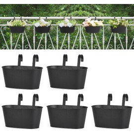 Mkono Metal Railing Planter Box 5 Pack Balcony Hanging Planter for Outdoor Plants with Detachable Hooks and Drain Holes Fence Planters for Any Balcony, Porch or Deck (5, Small)