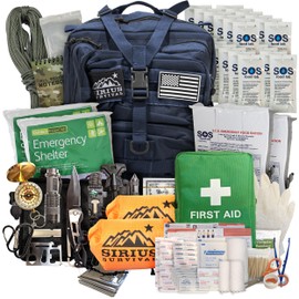 Sirius: Bug Out Bag Starter Kit - 72 Hour Kit for 1 Person – Backpack Survival Kit – 50L Tactical Backpack, US Made Food & Water, Medical Supplies & Survival Tools (Navy, 2 Person)