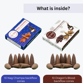 TRUMIRI Backflow Incense Cones - Combo Pack of 20 Incense Cones Waterfall - 10 Nag Champa + 10 Dragons Blood - Incense Backflow Cones - Waterfall Incense Cones - Incense Waterfall Cones