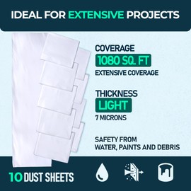 CS 10 Pack Extra Large Plastic Dust Sheets for Decorating 3.6 x 2.7m (12 x 9ft), Light Dust Sheet for Painting & Furniture, Plastic Sheet-Plastic Sheeting-Decorating Tools-Decorating Sheets-Dust Cover