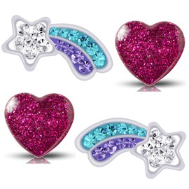 2 x Girls' / Children's Earrings Made of Real 925 Sterling Silver with Round Cut Zirconia Star Shooting Stainless Steel Heart, Sterling Silver Stainless Steel 925 genuine sterling silver and stainless