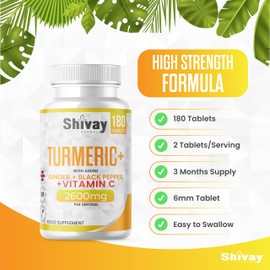 Turmeric Curcumin 2600mg Per Serving | with Added Ginger, Black Pepper & Vitamin C | 180 Vegan Tablets - 3 Month Supply | High Strength Curcumin Natural Supplement | Made in The UK | Shivay Herbals