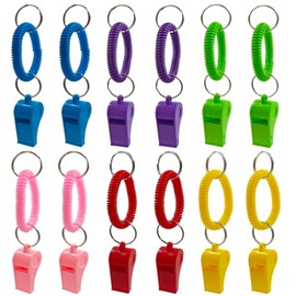 AFUNTA - Paquete de 12 silbatos con Pulsera, 6 Colores, Silbato Deportivo de plástico, Silbato elástico, muñeca para arbitraje, fútbol, Supervivencia y Emergencia