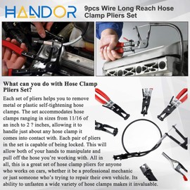 Handor 9pcs Hose Clamp Pliers, Wire Long Reach Hose Clamp Pliers Set Fuel Oil Water Hose Auto Tools for Automotive Coolant Radiator Heater and Water Hose with Band Flat or Large Clamps