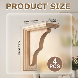 Briwooody 4 Pcs 2 1/4" W x 5" D x 7" H Traditional Wood Brackets Unfinished Hardwood Bracket Decorative Millwork Corbels Solid Wood Shelf Bracket for Home Shelf Cabinet Furniture Support