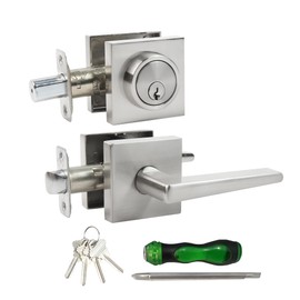 Front Door Handle and Deadbolt Set,Door Locks for Front Door with Single Cylinder Deadbolt,Square Locking Lever Set for Left or Right Sided,Exterior Door Lock Set with Deadbolt, Satin Nickel 1Pack