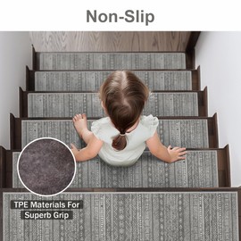 sarben Carpet Stair Treads Non Slip 4PCS, 8" X 30"Edging Stair Runner for Wooden Steps Indoor, Resistant Stair Rugs with Reusable TPE Adhesive Backing, Residue Free Mat for Kids, Elders, Pets, Grey