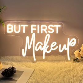 But First Make Up Neon Sign For Spa Beauty Room Nail Brows Lashed Salon Studio LED Wall Art Decor For Business Stores Logo Barber Shops Led Word Indoor Neon Lights 5V USB Powered Warm White 40×22.4 CM