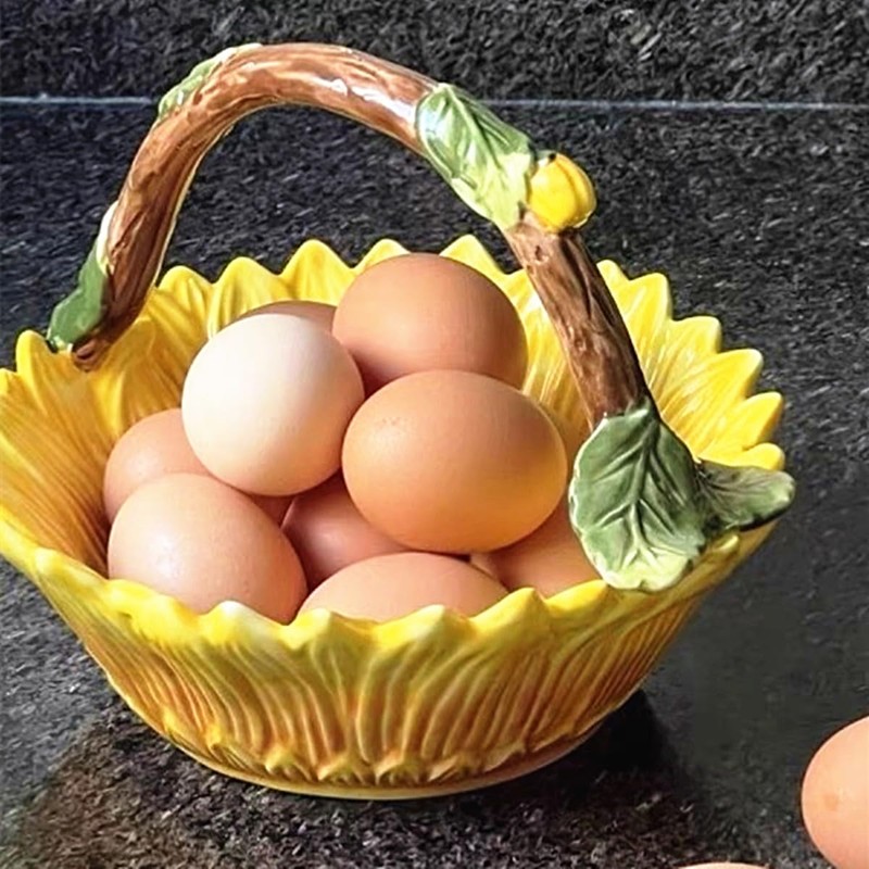 FORLONG Ceramic Sunflower Fruit Hand Basket, Snack Bowl, Hand Painted
