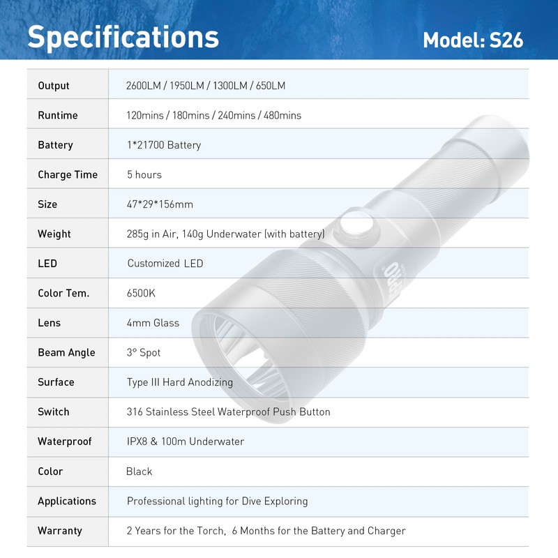 DIVEPRO S26 2600lm Compact Button Switch Diving Torch Underwater LED