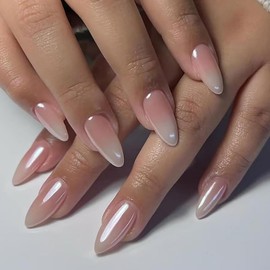 Chrome Ombre French False Nails Almond, SXVME Chrome French Press On Nails Medium, Glazed Gradient Nude Fake Nails Press on, Natural Acrylic Nails Stick on Nails for Women Daily Wear