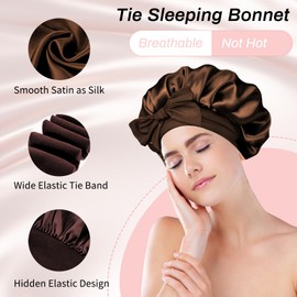 Dooyilets Satin Bonnet, Sleeping Silk Bonnet for Most Hair Types, Silk Bonnet with Elastic Band, Adjustable Satin Night Sleeping Cap for Sleeping, Skin Care, Cleaning, Makeup, etc (Brown)