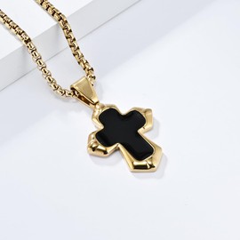FATACI Cross Necklace for Men,Gold Plated Stainless Steel Hip Hop Black Enamel Cross Pendant with 60cm Chain