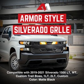 AMERICAN MODIFIED Armor Grille w/Amber LEDs & Emblem Holder, Compatible with 2019-2021 Chevy Silverado 1500, Matte Black