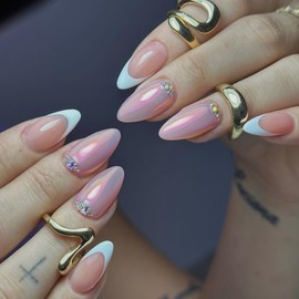 MouyouGlow Press on Nails Kurz,Almond Nude Rosa Weiß French Chrome Glazed Donut Hailey Bieber Strass Fake Nails Kunstnägel mit Nagelkleber,Pink Natural White Tips Diamant Künstliche Fingernägel