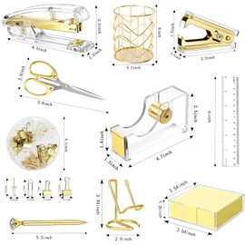 Gold Desk Accessories, Acrylic Stapler, Staple Remover, Tape Holder, Pen Holder, Ballpoint Pen, Scissor, Binder Clips, 1000pcs Staples, Phone Holder, Ruler, Transparent Glue and 300 Notes