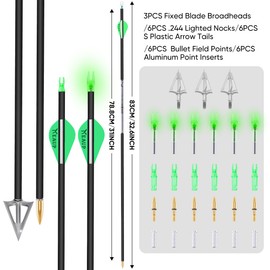 KEAUP 31 inch 100% Carbon Arrows and Broadheads .244/6.2mm Lighted Nocks Set, 6 Pack Hunting Compound Bow and Recurve Bow Shaft Spine 300/350/400/500 (Spine 500, Green)