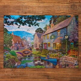 Gibsons Tea on the River 500 Piece Jigsaw Puzzle for Adults Teens Nostalgic Beautiful Colourful Village Countryside Sustainable Jigsaw Puzzle Premium 100% Recycled Board Great Gift | Gibsons Games