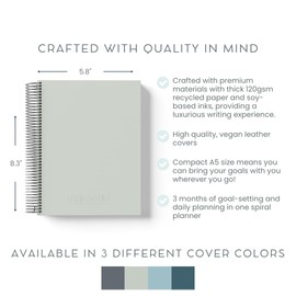 A5 Quarterly Undated Goal-Setting + Daily Planner - 120 GSM Recycled Paper, Luxe Vegan Leatherette Cover, MäksēLife Goal-Setting System, Full Daily Planning Pages (Cloud)