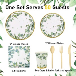 350 Pcs Sage Green Party Plates and Cups Sets,Disposable Paper Plates Cups Napkins Party Supplies,Eucalyptus Plates Dinnerware for Boho Bridal Shower/Baby Shower Theme Party,Serves 50