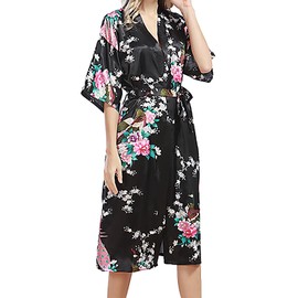 Initlove Women's Long Kimono Robe Silk Satin Cardigan Pajamas Peacock Nightgown for Partys Black