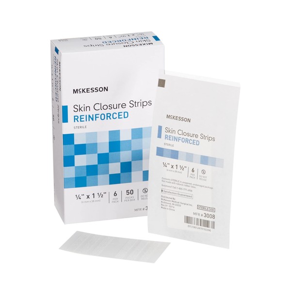 McKesson Skin Closure Adhesive Strips, Reinforced Steri Strip for Wound Care, 1/4 in x 1 1/2 in, 6 Per Pack, 50 Packs, 300 Total