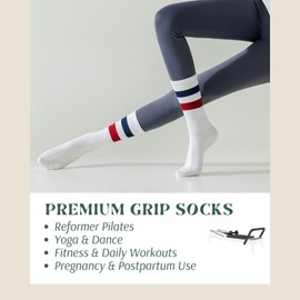 Women’s Non-Slip Grip Socks – Pilates, Yoga, Barre, Dance, Maternity | Breathable Socks for Home Workout, Pregnancy | 2 Pairs (UK, Numeric, 3, 6, White/Navy/Red/Navy blue +Navy/Green/navy blue)