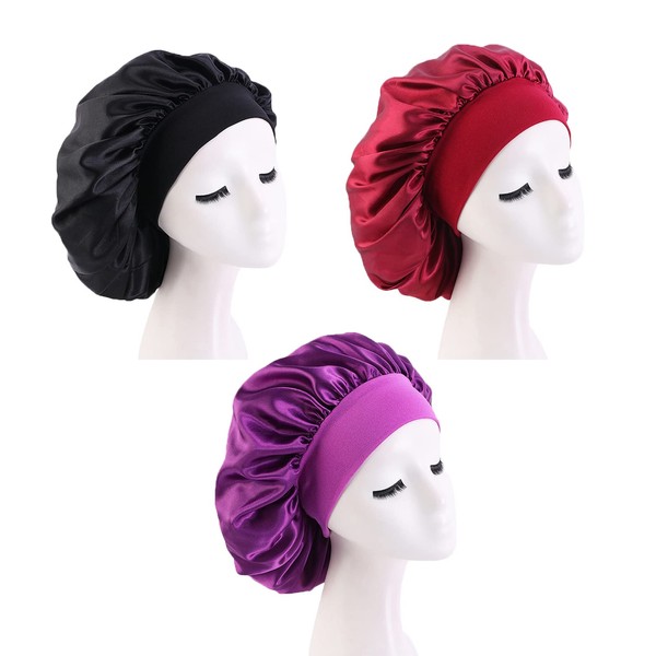 Large Satin Bonnet, Polyester Silk Hair Wrap for Sleeping, Sleeping Head Cover for Women Girl Hair Care with Elastic Soft Band for Curly Hair 3PCS (Black-Red-Purple)