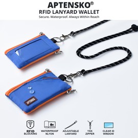 APTENSKO RFID Travel Wallet with Adjustable Lanyard-Zipper Small Wallet with ID Card Holder, Keychain for women&men-Minimalist Slim Waterproof Nylon case for ID, Cash, Key (Blue)