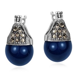 Elegant Crowned Dark Blue Pearl and Marcasite Style Pyrite .925Sterling Silver Dangle Earrings