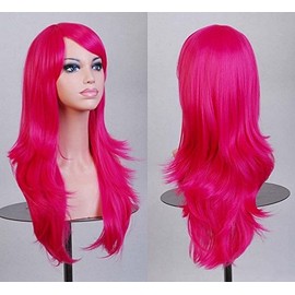 70cm Wavy Curly Sleek Full Hair Lady Wigs w Side Bangs Cosplay Costume Womens, Burgundy