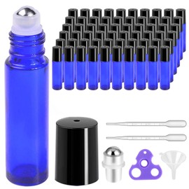 PrettyCare PrettyCare 60 Pack, Bulk 10 ml Essential Oil Roller Bottles with Stainless Steel Roller Ball - Bulk Refillable Leak-proof Empty Thick Blue Glass Roll on Bottles with Black Caps for Travel, Perfume
