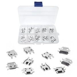 KEUGT Pack of 50 Micro USB Female Plugs, Soldering USB Sockets Assortment, USB Repair Replacement Adapter Assortment Set, Mix 6 Pin and 16 Pin, Micro USB Socket for Soldering, with Storage Box