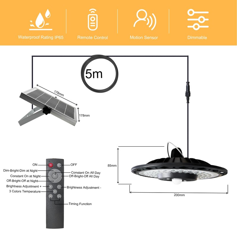 CREATESTAR Solar Pendant UFO Light 3000LM, Gazebo Indoor Outdoor Motion