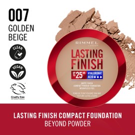 RimmelUK Rimmel Lasting Finish 25 HR Compact Foundation 007 Golden Beige, Matte Buildable Coverage, Powder-to-Cream, Anti-Pollution Shields, SPF 20, Hyaluronic Acid, Waterproof, Hides Imperfections