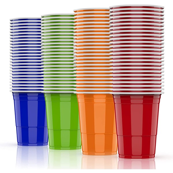 AOLUXLM Reusable Plastic Cups, 25 Red Cup + 25 Blue Cup + 25 Green Cup + 25 Orange Cup + 10 PingPong Balls for Games + E-Book, 100 Disposable Cups Set for Christmas New Year's Eve Wedding