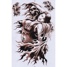 Totenkopf Aufkleber Set – 27x18 cm | Brauner Gothic Sticker mit Sensenmann & Frau | Wasserfest, Transparent, Einzeln Gestanzt | Motorrad, Auto, Laptop, Helm Deko