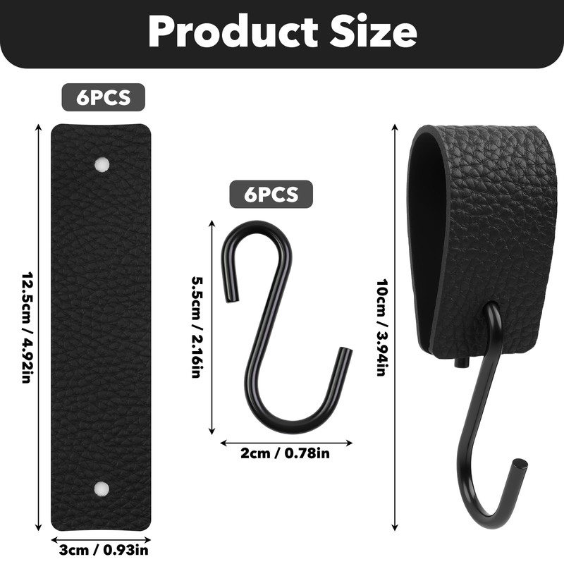 CTYUEYUN Pack of 6 S Hooks with Leather Loop, Black