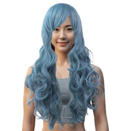 70 cm Women's Wigs Full Wig. Long Curl Wavy Curly Bangs Oblique Loose Soft Wig Harajuku Style Natural Texture High Temperature Heat Resistant Anime Cosplay Costume for One Size Fits Most Blue Gray