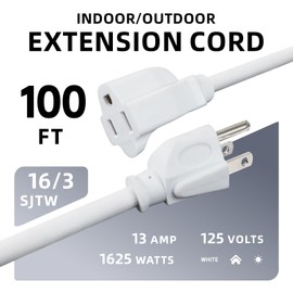 EP 100 Ft Outdoor Extension Cord - 16/3 SJTW White Electrical Cable with 3 Prong Grounded Plug