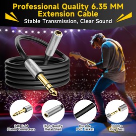 Togconn 1/4 inch Extension Cable 1 Foot, 6.35mm 1/4" TRS Male to Female Stereo Adapter Jack，Quarter inch Headphone Guitar Extension Cable, Hi-Fi Sound, Gold Plated Connectors, Oxygen-Free Copper OFC