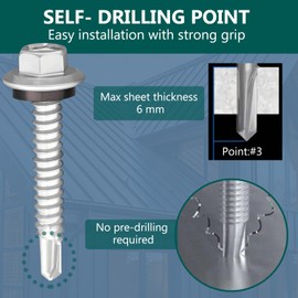 50PCS #12 X 1” Self-Drilling-Metal-Roofing-Screws,Hex-Head-EPDM-Washer Silver-Coated-Carbon-Steel-Roofing-Fasteners-Metal-to-Wood, Sheet-Metal-Screws-Metal to Metal,Hex Socket Included