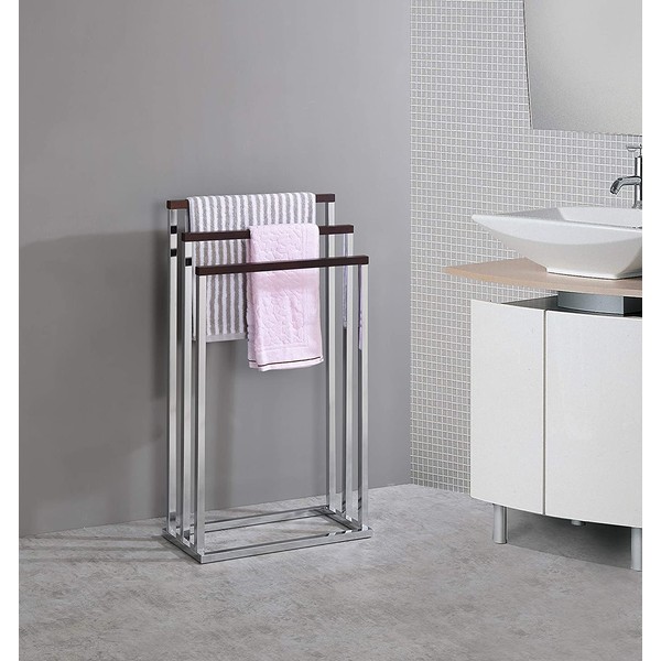 Kings Brand Furniture - Chrome Metal/Walnut Wood Freestanding Towel Rack Stand