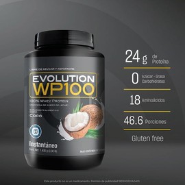 Proteína de suero de leche Evolution Nutraceutical WP100 sabor Coco Bote de 1400g