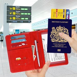 DMLuna Passport Holder, Premium PU Leather Travel Passport Wallet RFID Blocking Passport Cover Case Travel Documents Organizer with Pen Holder, for Women and Men - Red