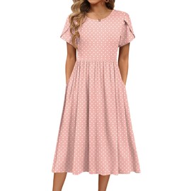 HOTOUCH Summer Dress for Women 2025 Elegant Classy Casual Short Sleeve Aline Flowy Midi Sundress Round Dot Pink Floral Beach Dresses